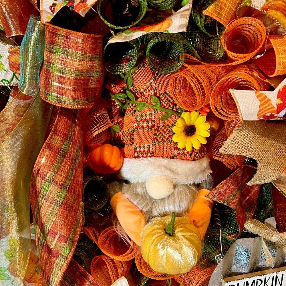 Autum Fall Ribbon Wreath Pumpkin Gnome Handmade 22 in’s. #W2